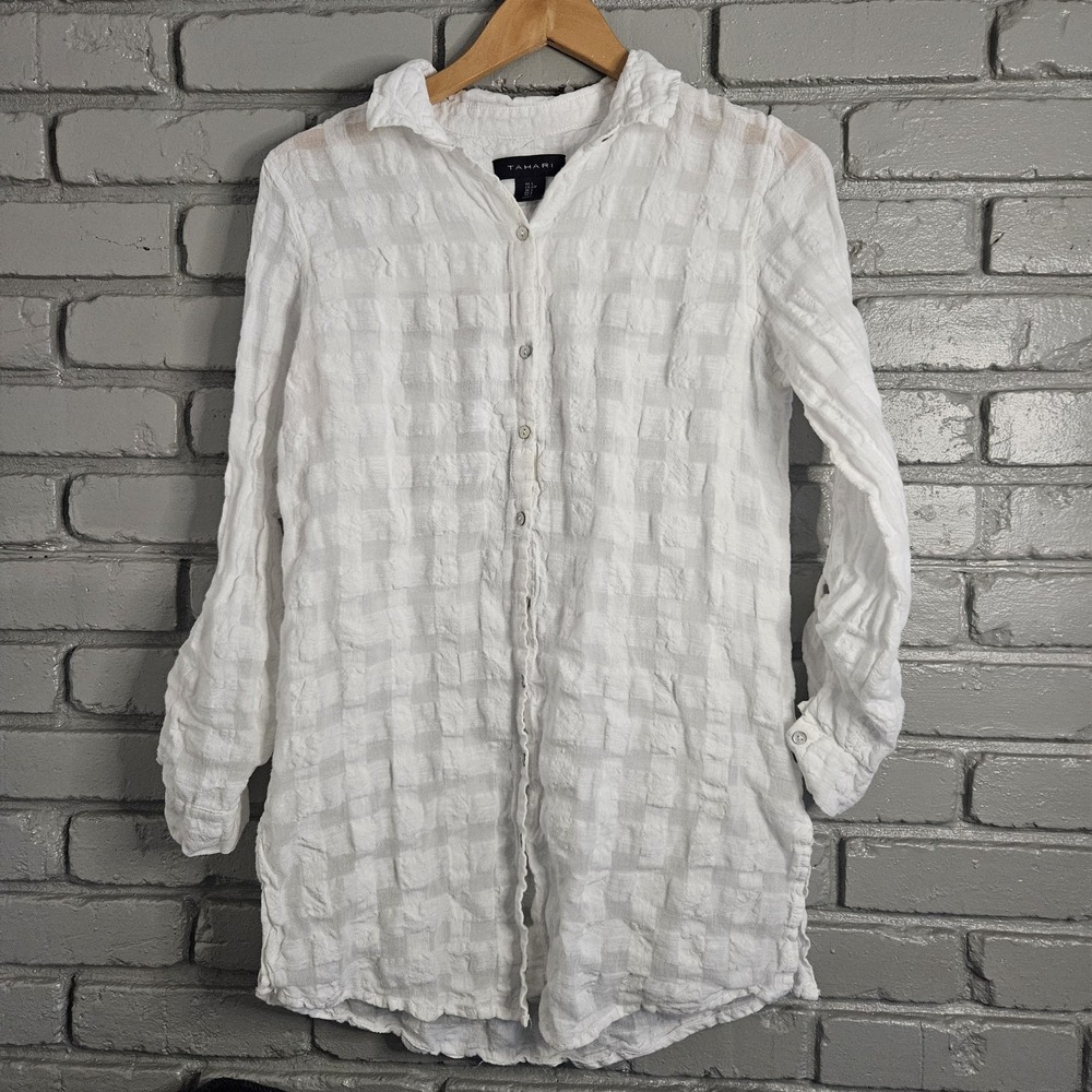 Tahari Womens Shirt Small Linen Blend White Coastal Beach Windowpane
